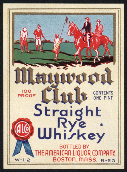 Vintage label MAYWOOD CLUB Whiskey golfing picture American Liquor Boston n-mint+