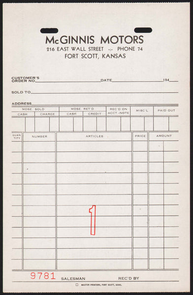 Vintage receipt McGINNIS MOTORS Phone 74 dated 1940s Fort Scott Kansas n-mint+