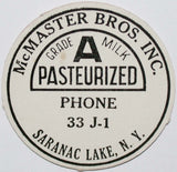 Vintage milk bottle cap McMASTER BROS INC Phone 33 J-1 Saranac Lake New York