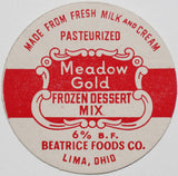 Vintage milk bottle cap MEADOW GOLD Frozen Desert Mix Beatrice Foods Lima Ohio