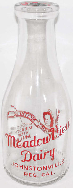 Vintage milk bottle MEADOW VIEW DAIRY woman pictured TRPQ Johnstonville California