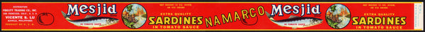 Vintage label MESJID Sardines Namarco Fidelity Trading San Francisco California