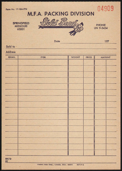 Vintage receipt M F A PACKING DIVISION Gold Bond Springfield Missouri n-mint+