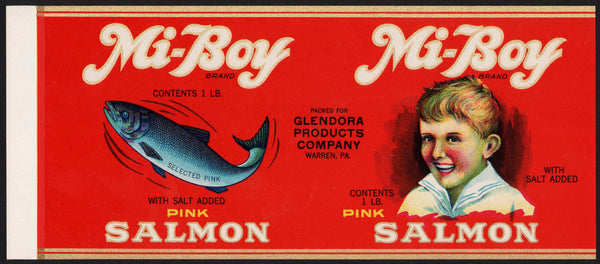 Vintage label MI BOY Salmon boy pictured Glendora Warren Pennsylvania n-mint+