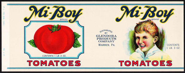 Vintage label MI BOY Tomatoes boy pictured Glendora Warren Pennsylvania n-mint+