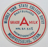 Vintage milk bottle cap MIDDLE TENN STATE COLLEGE DAIRY Murfreesboro Tennessee