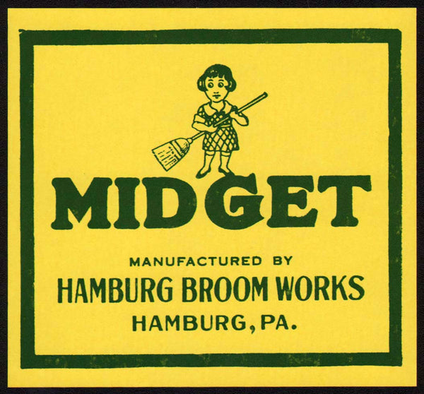 Vintage label MIDGET girl pictured Hamburg Broom Works Pennsylvania n-mint+