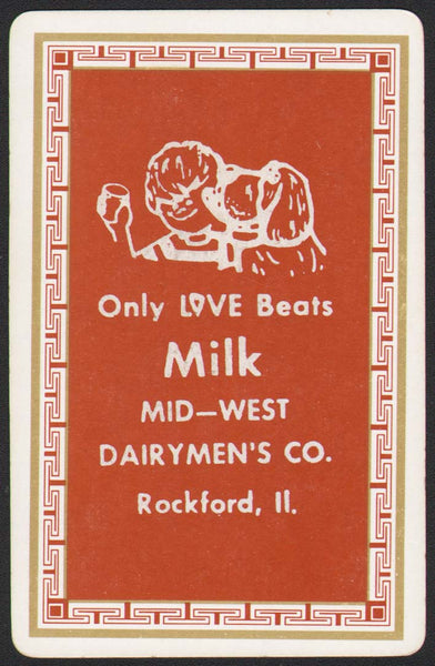 Vintage playing card MID-WEST DAIRYMENS CO boy and dog pictured Rockford Illinois