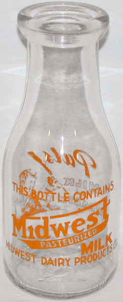 Vintage milk bottle MIDWEST Dairy Products pyro pint Pals boy dog Duquoin Illinois