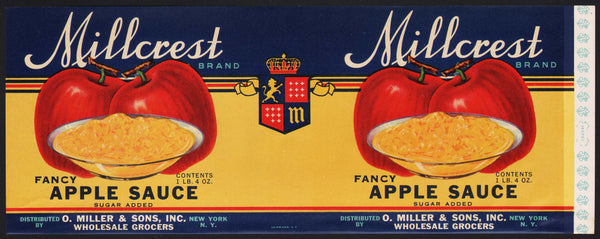 Vintage label MILLCREST Apple Sauce pictured O Miller and Sons Grocers New York
