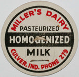 Vintage milk bottle cap MILLERS DAIRY Homogenized Phone 279 Culver Indiana unused