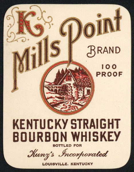 Vintage label MILLS POINT Bourbon Whiskey mill scene Kunzs Louisville Kentucky