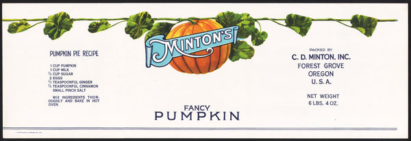 Vintage label MINTONS Pumpkin pictured C D Minton Forest Grove Oregon unused