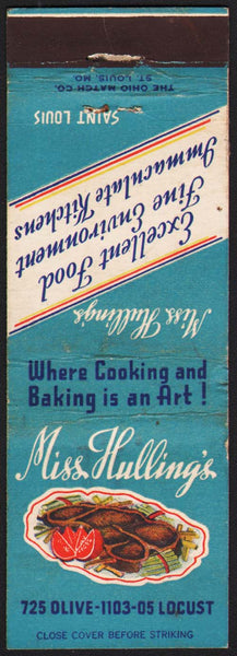 Vintage matchbook cover MISS HULLINGS restaurant steak pictured Saint Louis Missouri