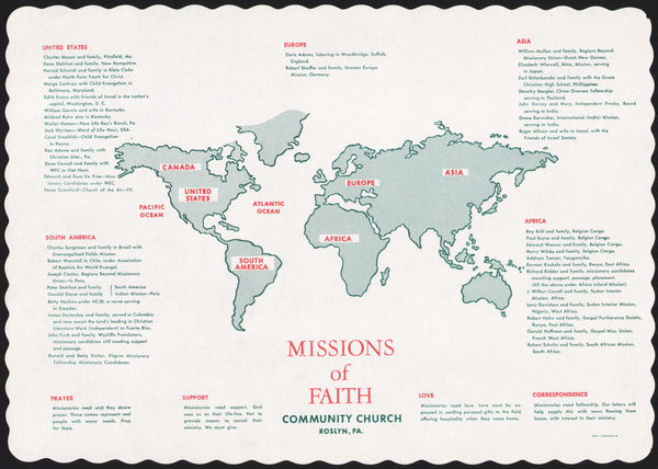 Vintage placemat MISSIONS OF FAITH world pictured Community Church Roslyn PA