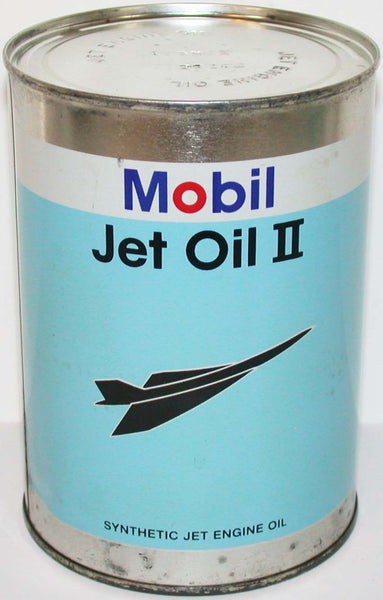 Vintage motor oil can MOBIL Jet Oil II jet plane pictured all metal round one quart