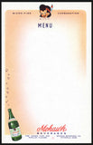 Vintage menu MOHAWK BEVERAGES bottle and indian pictured Pittsfield Mass n-mint+