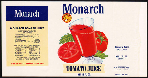 Vintage label MONARCH Tomato Juice lion pictured San Jose California unused n-mint+