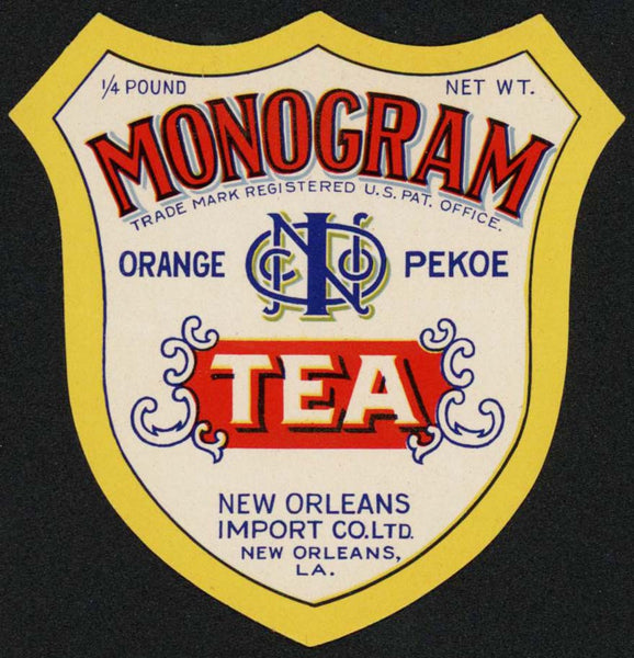 Vintage label MONOGRAM Orange Pekoe Tea die cut New Orleans LA unused n-mint+
