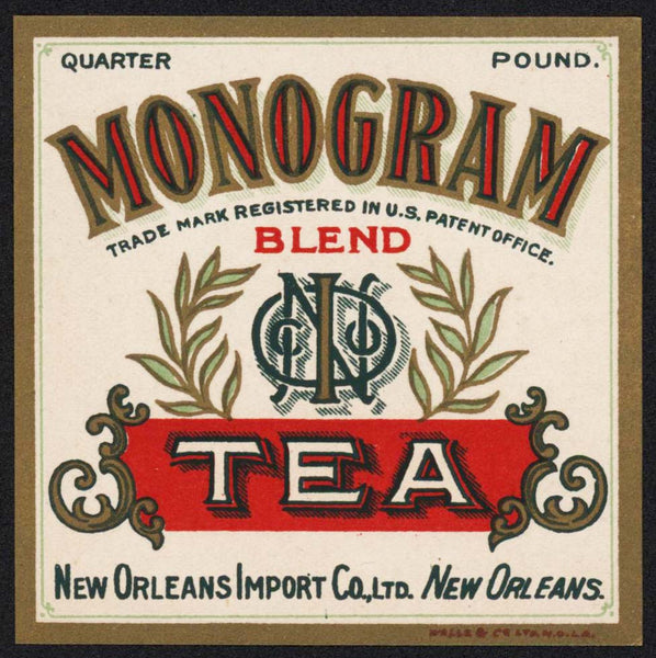 Vintage label MONOGRAM TEA Blend Quarter Pound New Orleans Import LA n-mint+