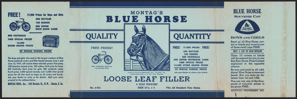 Vintage label MONTAGS BLUE HORSE Loose Leaf Filler paper prizes Atlanta Georgia
