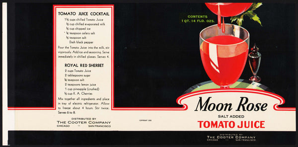 Vintage label MOON ROSE Tomato Juice 1955 Cooter Company Chicago San Francisco