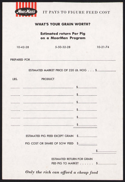 Vintage receipt MOOR MANS Estimated Return Per Pig unused new old stock n-mint+