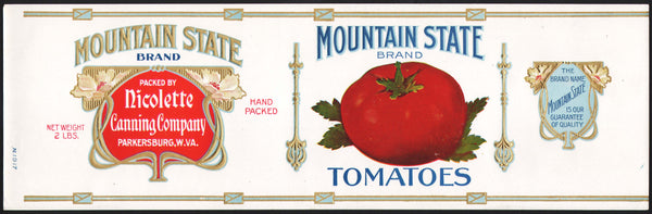 Vintage label MOUNTAIN STATE TOMATOES Nicolette Canning Parkersburg WV n-mint