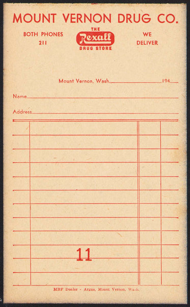 Vintage receipt MOUNT VERNON DRUG CO Rexall dated 1940s Washington unused n-mint