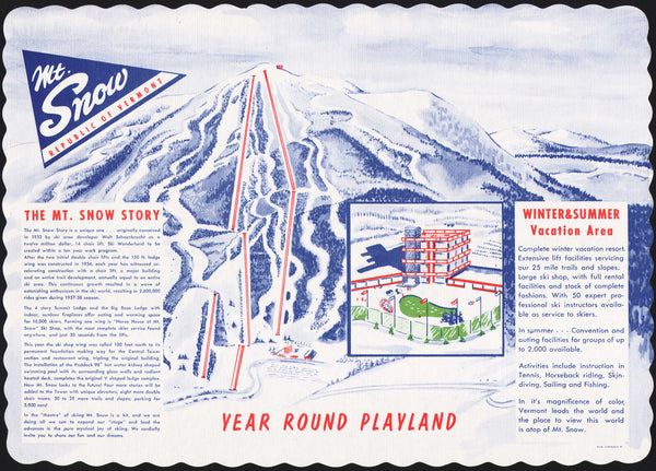 Vintage placemat MT SNOW Republic of Vermont mountain ski slope pictured n-mint+