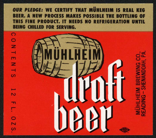 Vintage label MUHLHEIM DRAFT BEER Reading Shenandoah Pennsylvania unused n-mint+
