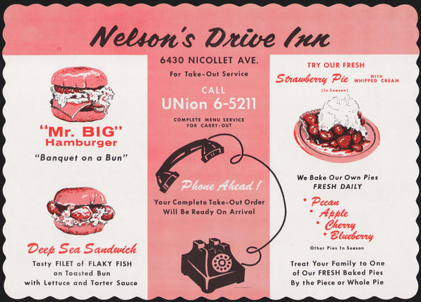 Vintage placemat NELSONS DRIVE INN Mr Big hamburger pictured Richfield Minnesota