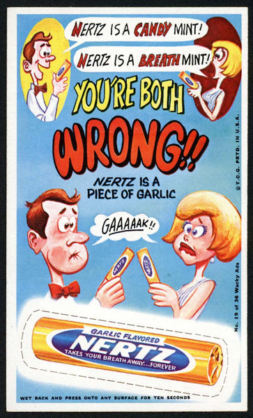 Vintage WACKY AD No 19 of 36 Nertz garlic Topps original from 1969 marked T.C.G.