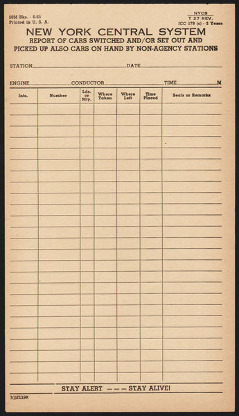 Vintage receipt NEW YORK CENTRAL SYSTEM railroad Cars Switched dated 1965 n-mint