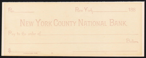 Vintage bank check NEW YORK COUNTY NATIONAL BANK dated 1880s unused n-mint condition