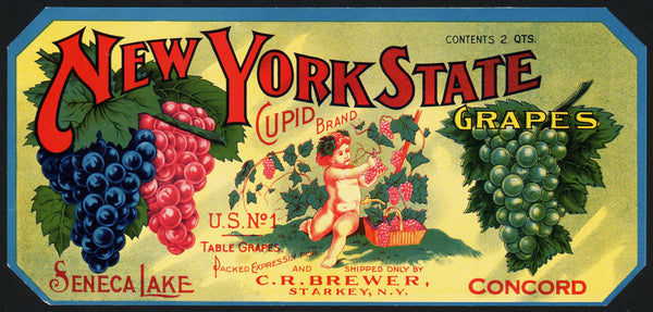 Vintage label NEW YORK STATE Grapes Cupid pictured C R Brewer Starkey New York n-mint+