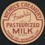 Vintage milk bottle cap NICHOLS CREAMERY Phone 133 Morning Sun Iowa unused condition