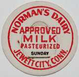 Vintage milk bottle cap NORMANS DAIRY Approved for Sunday Jewett City Connecticut