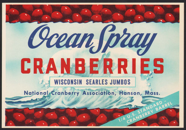 Vintage label OCEAN SPRAY Cranberries pictured National Hanson Massachusetts