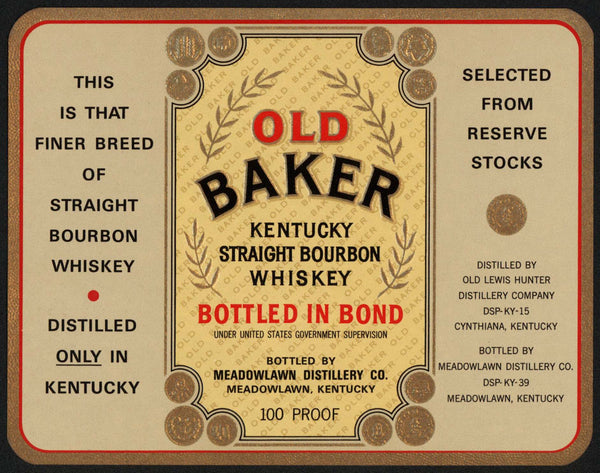 Vintage label OLD BAKER whiskey large size Bottled In Bond Meadowlawn Kentucky
