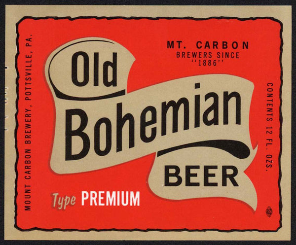 Vintage label OLD BOHEMIAN BEER Mount Carbon Brewery Pottsville Pennsylvania