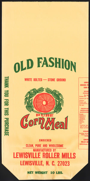 Vintage bag OLD FASHION CORN MEAL Lewisville Roller Mills North Carolina unused