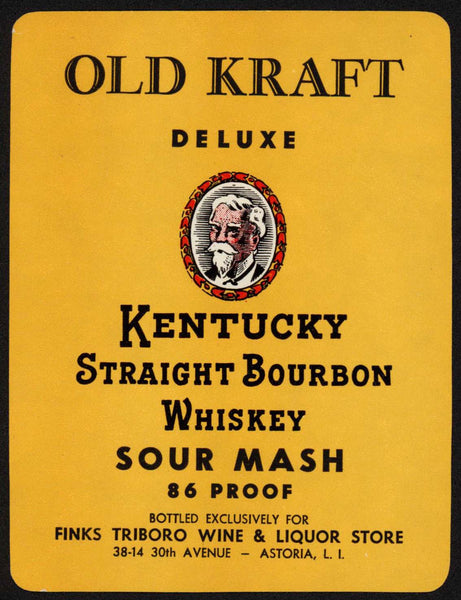 Vintage label OLD KRAFT Kentucky Bourbon Whiskey Finks Triboro Astoria New York