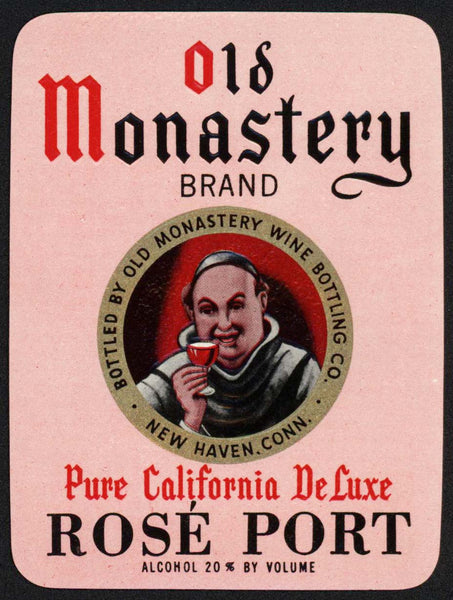 Vintage label OLD MONASTERY California Rose Port wine New Haven Connecticut