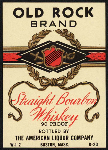 Vintage label OLD ROCK Bourbon Whiskey American Liquor Boston Massachusetts