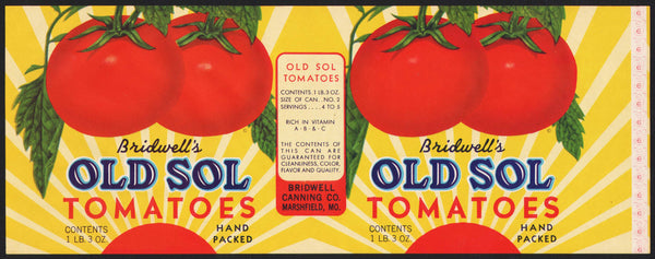 Vintage label BRIDWELLS OLD SOL TOMATOES Bridwell Canning Co Marshfield Missouri
