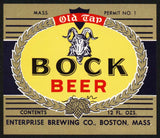 Vintage label OLD TAP BOCK BEER goat pictured Enterprise Brewing Boston Mass n-mint+