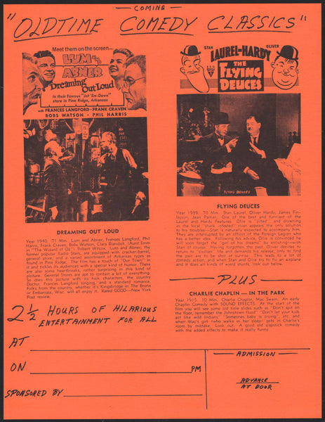 Vintage flyer OLDTIME COMEDY CLASSICS orange Lum Abner Laurel Hardy and Chaplin