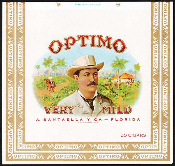 Vintage label OPTIMO cigar box inner man pictured Florida embossed unused n-mint+