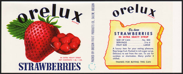 Vintage label ORELUX STRAWBERRIES with picture Oregon Fruit Products Salem n-mint+